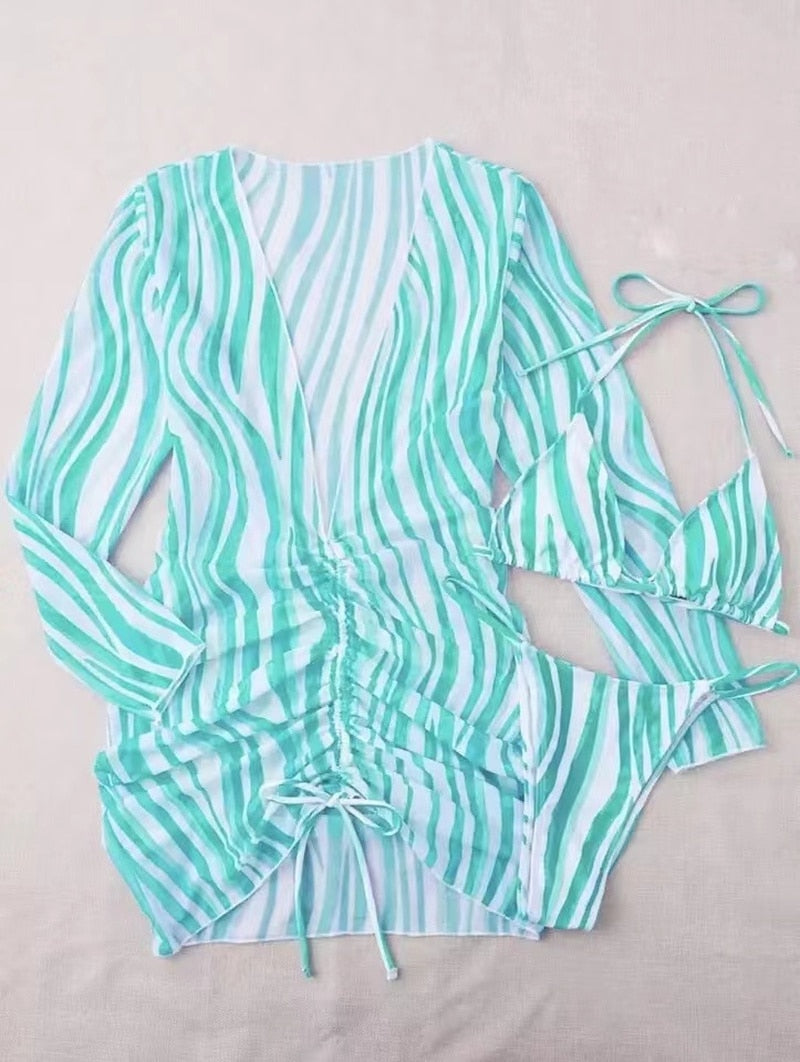 Lysandra | Gestreepte 3-Delige Bikini Set