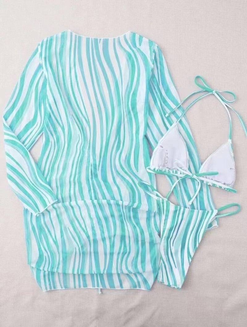 Lysandra | Gestreepte 3-Delige Bikini Set