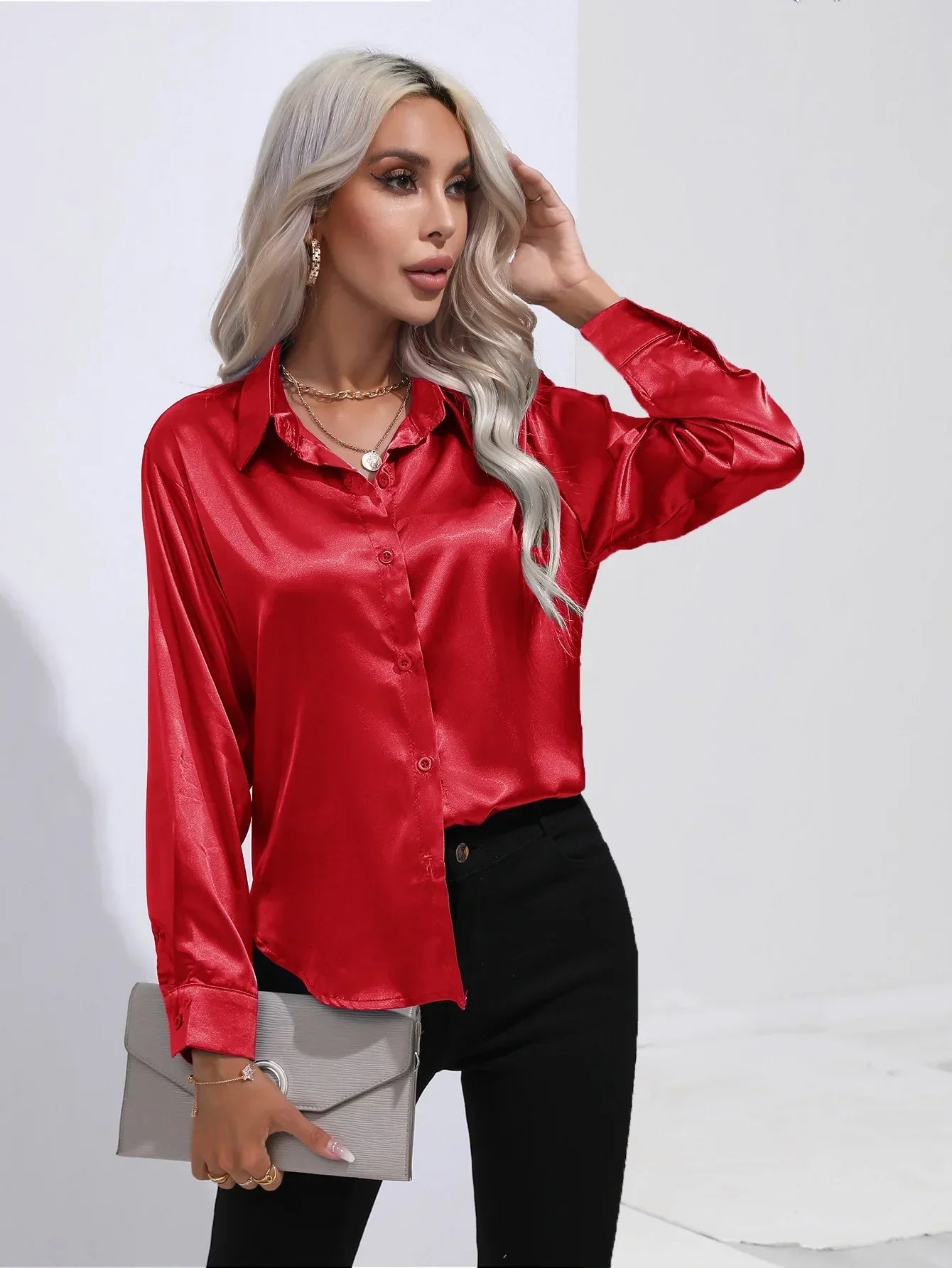 Dames Blouse - Satijn - Relaxte Pasvorm - Lange Mouwen - Klassieke Knoopsluiting