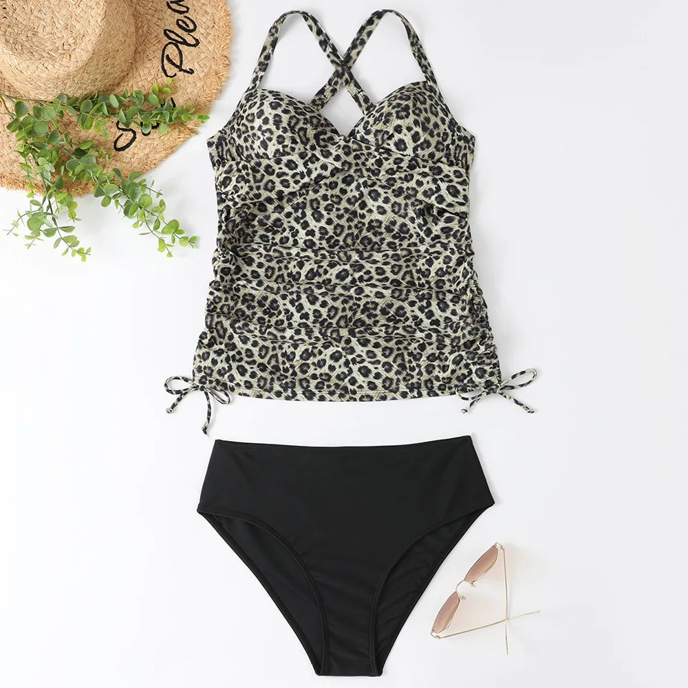 Dames Tankini Set – Halternek Top met Rimpel Detail – Twist V-Hals – Strik Bikinibroekje
