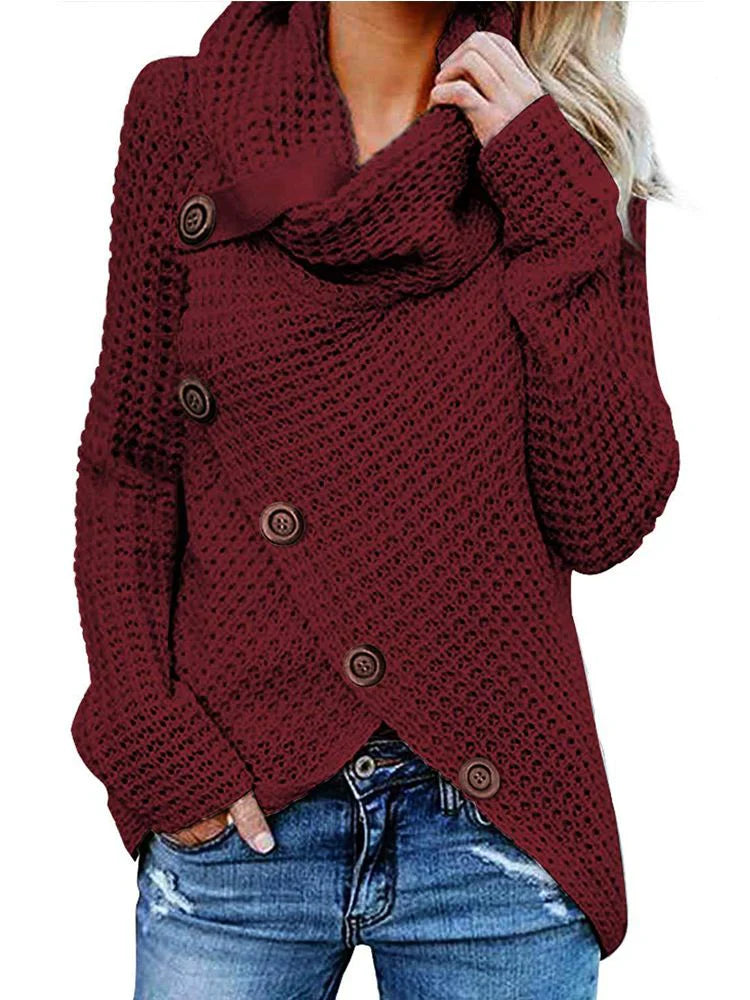 Women's Sweater – Relaxed Fit – Waffle Texture – Turtleneck – Asymmetrical Hem – Buttons