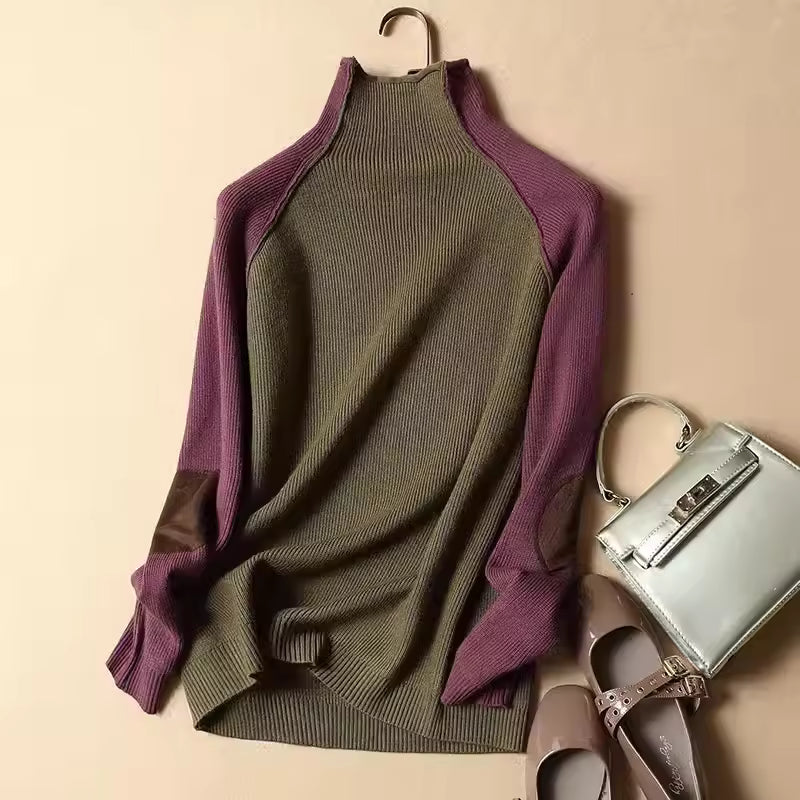 Women's Knitted Sweater – Relaxed Fit – Half Turtleneck – Raglan Sleeves – Elbow Patches – Tunic Length