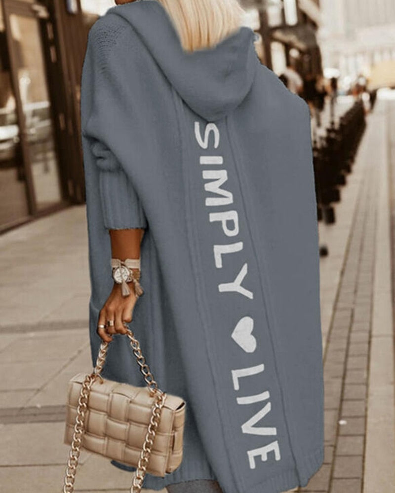 Women's Long Coat – Loose Fit – Wool Knit – Hood – Graphic Back Panel