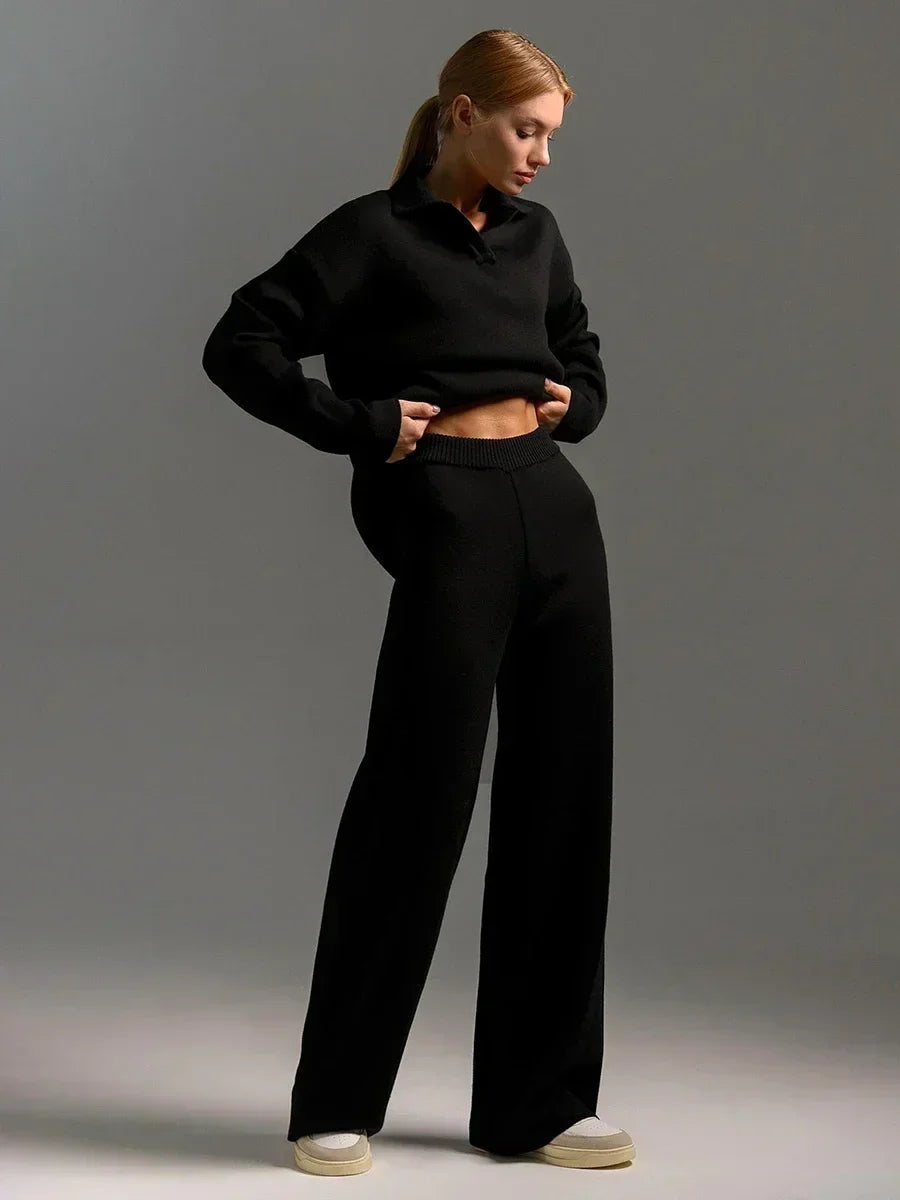 Dames Gebreid 2-delig Set - Polo Nek Sweater en Wijde Broek voor Winter