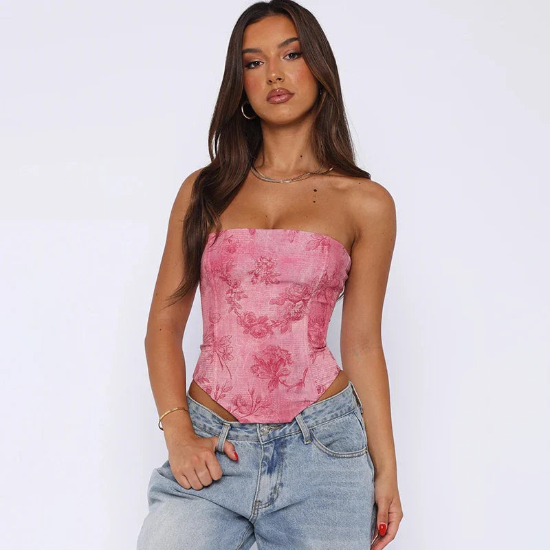 Dames Corset Top – Strapless – Getailleerd Model – Bloemenpatroon – Stevige Pasvorm