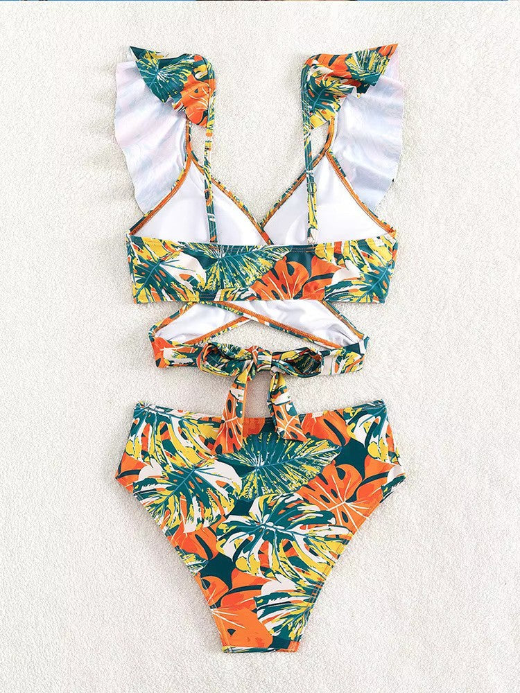 Dames Bikini Set - V-Hals Top met Ruches - Kapmouwtjes - Hoog Taillebroekje