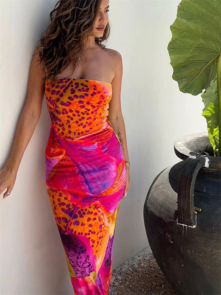 Strapless maxi-jurk met kleurrijke luipaardprint