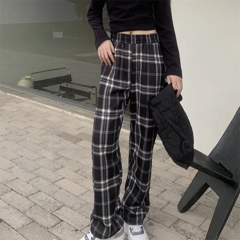 Dames Geruite Broek – Wijde Pijpen – Elastische Taille – Comfortabele Lounge Fit