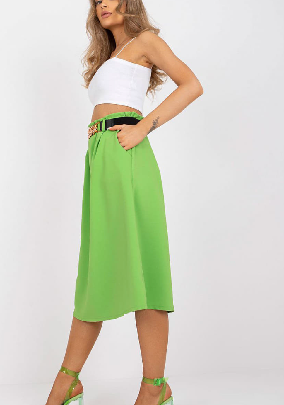 Groene midi-rok met hoge taille