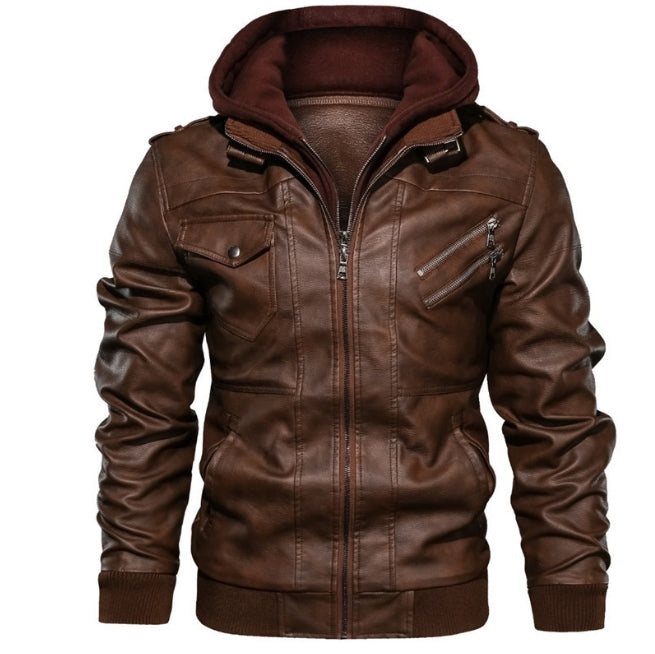 Men's leather jacket – Slim fit – Hood – Zipper closure – Epaulettes – Pockets