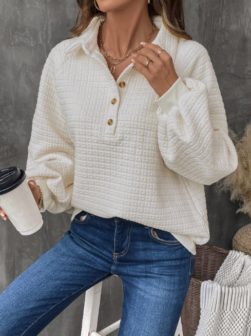 Women's Sweatshirt – Oversized Fit – Textured Knit – Half Button Placket – Casual Look