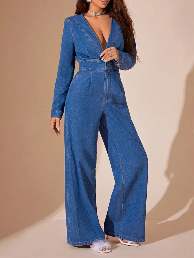 Dames Jumpsuit – Denim – Diepe V-Hals – Lange Mouwen – Wijde Pijpen – Getailleerd Model