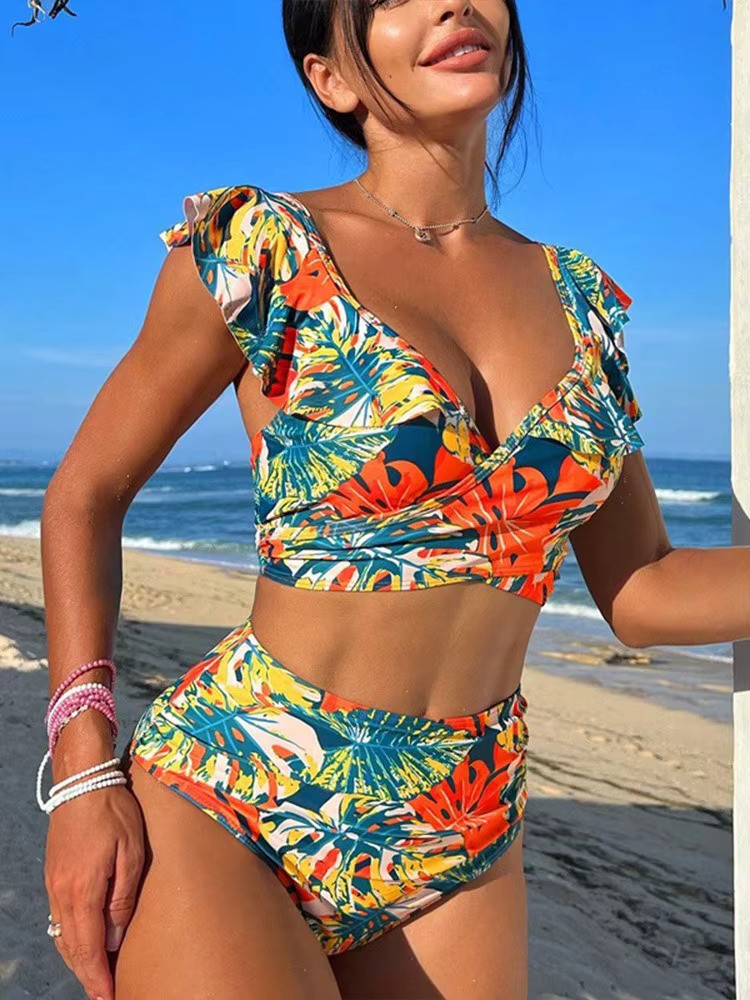 Dames Bikini Set - V-Hals Top met Ruches - Kapmouwtjes - Hoog Taillebroekje