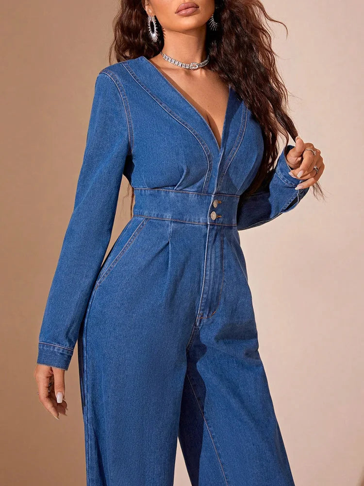 Dames Jumpsuit – Denim – Diepe V-Hals – Lange Mouwen – Wijde Pijpen – Getailleerd Model