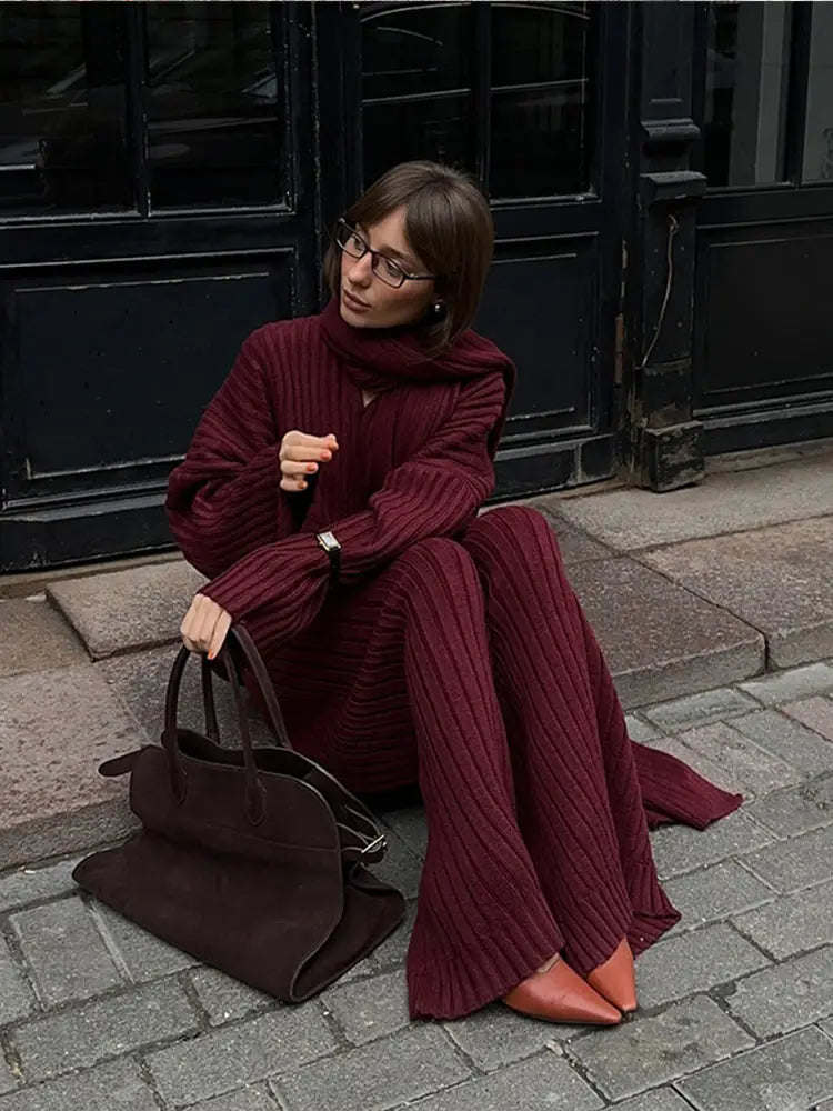 Elegante Wijnrode Dames Set - Gebreide Trui en Wijde Broek