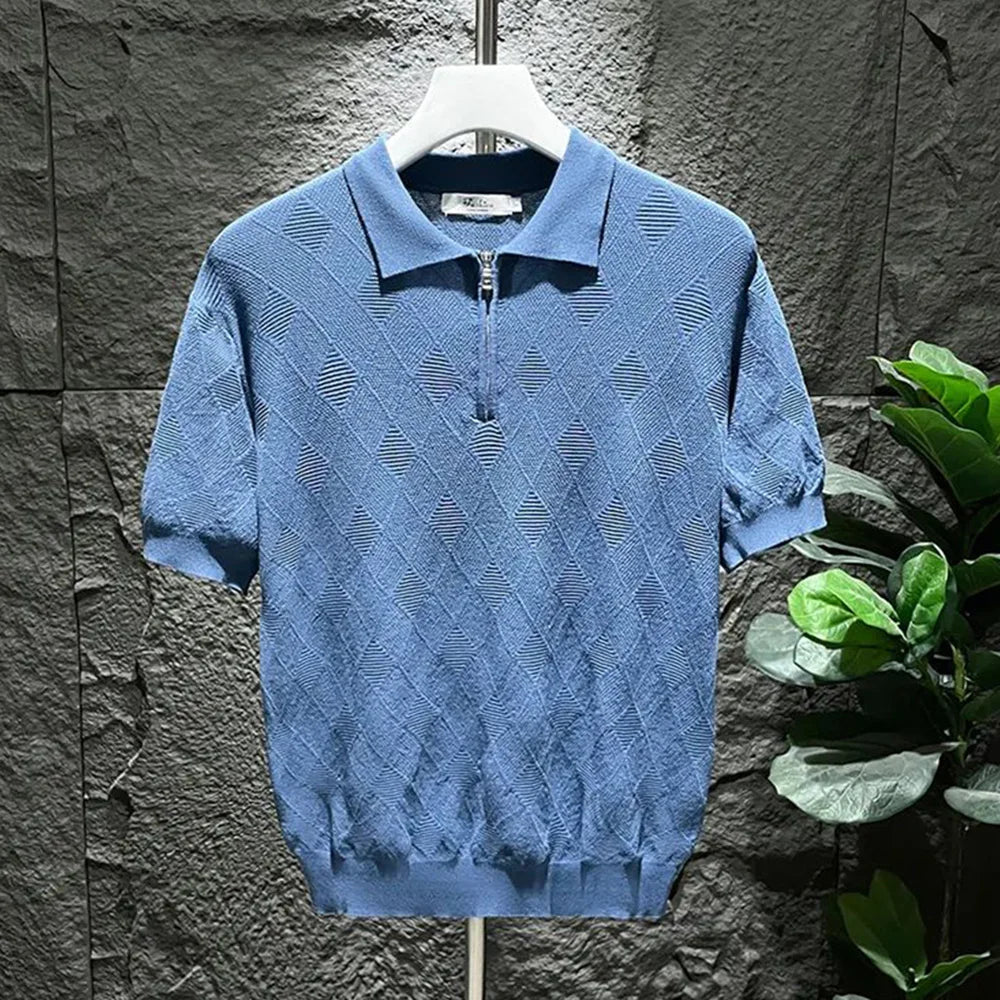 Men's Polo Shirt - Knitted Cotton - Short Sleeve - Zipper Closure - Casual Slim Fit