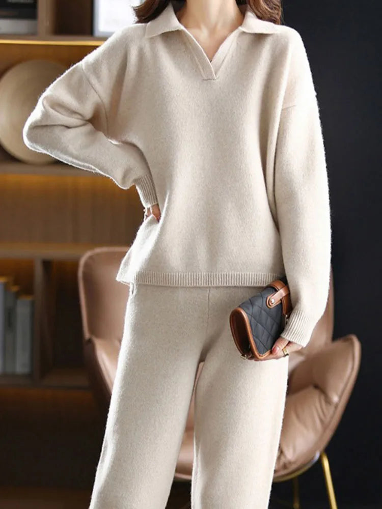 Dames Loungewear Set – Gebreide Trui met Kraag – Relaxed Fit – Elastische Broek