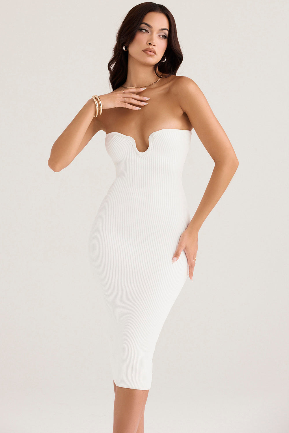 Strapless Geribde Midi-jurk