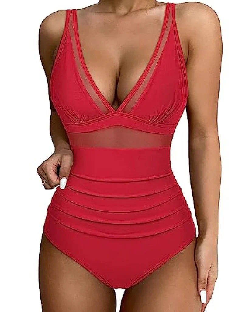 Ladies Swimsuit - Shaping Effect - Mesh Insert - High Waist Model - Deep Neckline