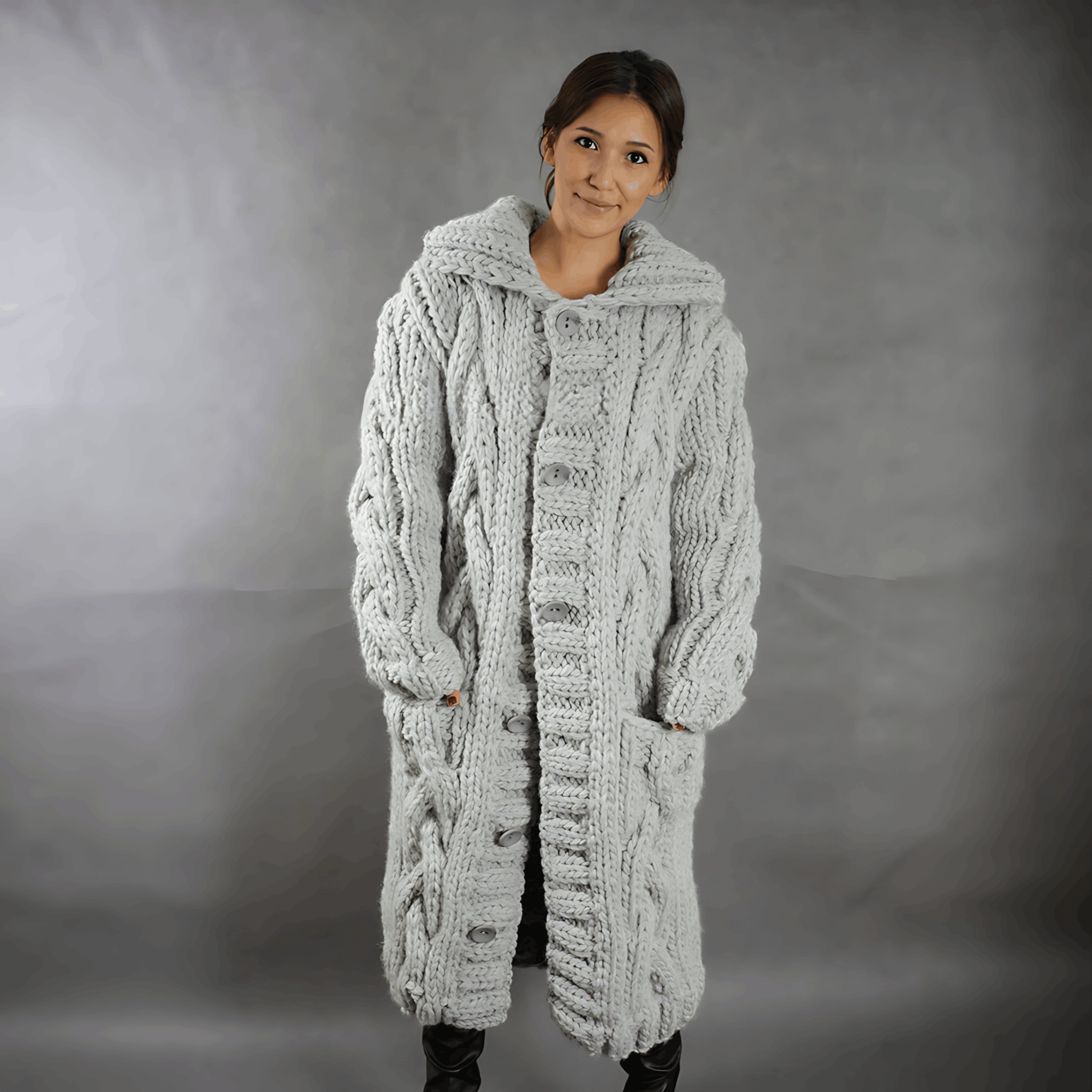 Dames Lang Gebreid Vest – Kabelstructuur – Met Capuchon – Knopen – Comfort Fit
