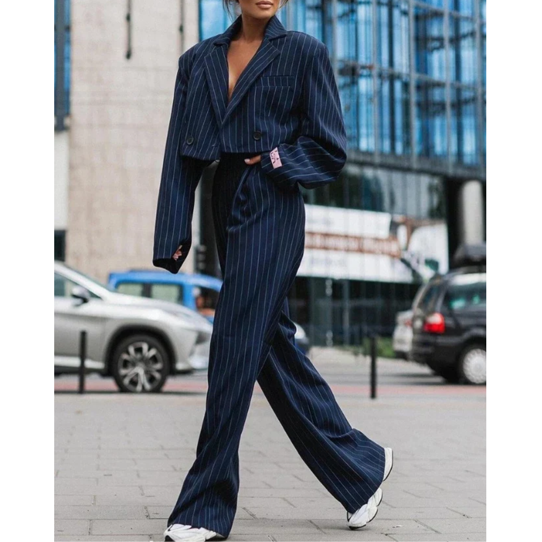 Dames Pak - Cropped Blazer met Peak Revers - Hoge Taille Plooi Broek - Elegante Pasvorm
