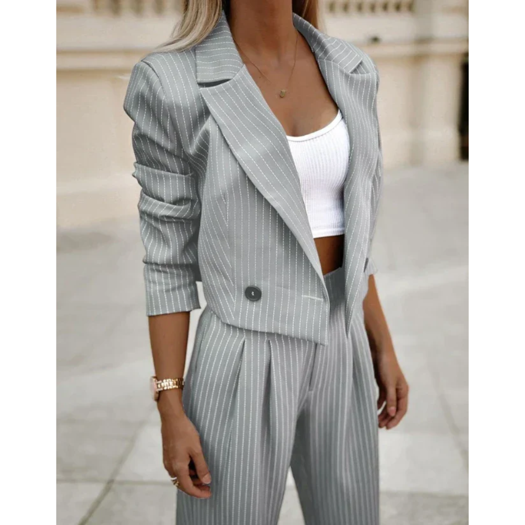 Dames Pak - Cropped Blazer met Peak Revers - Hoge Taille Plooi Broek - Elegante Pasvorm