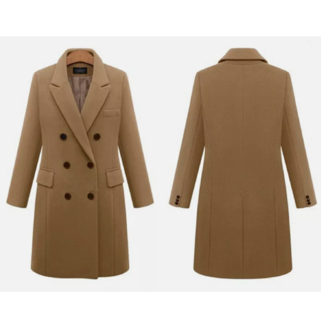 Women's Long Coat – Tailored Fit – Wool Mix – Double-Breasted – Classic Lapels