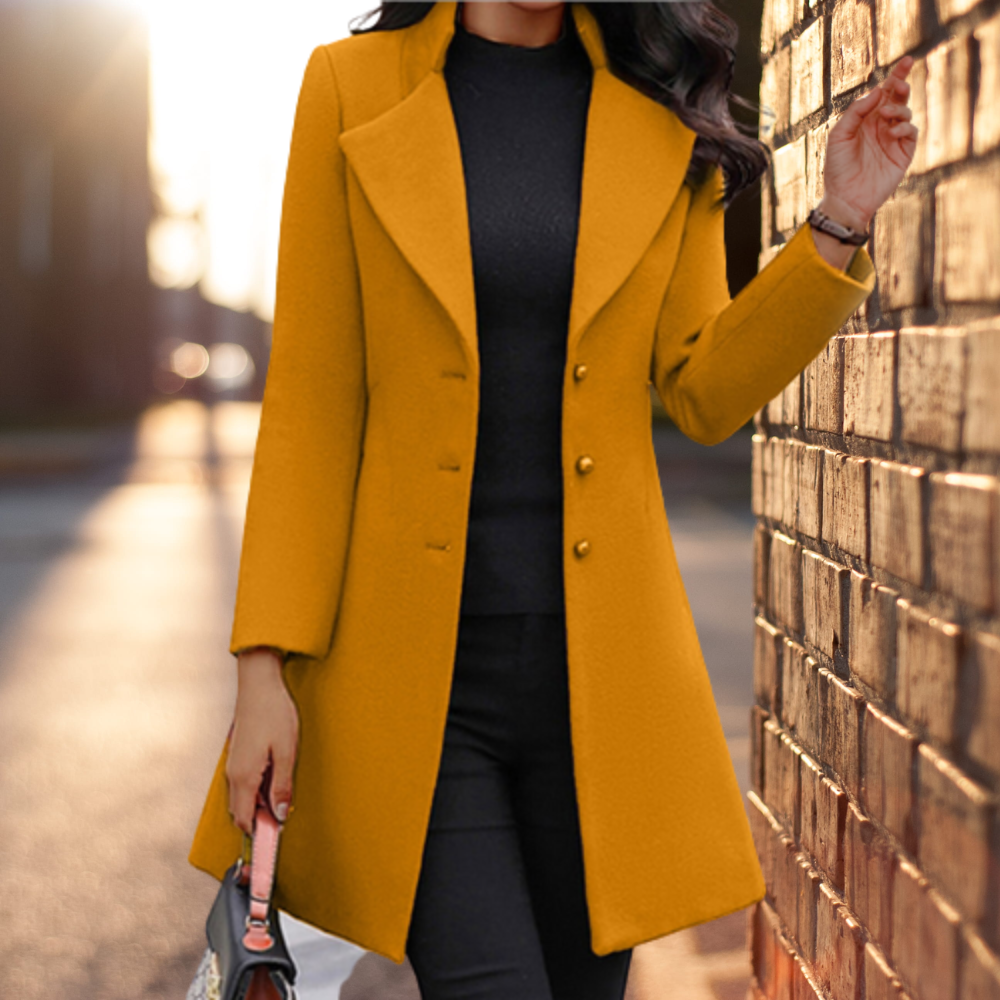 Women's Long Coat – Tailored Fit – Wool Mix – Single-Breasted – Business Stylish Model