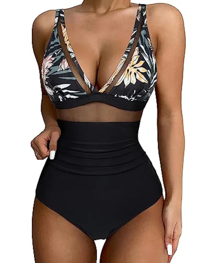 Ladies Swimsuit - Shaping Effect - Mesh Insert - High Waist Model - Deep Neckline