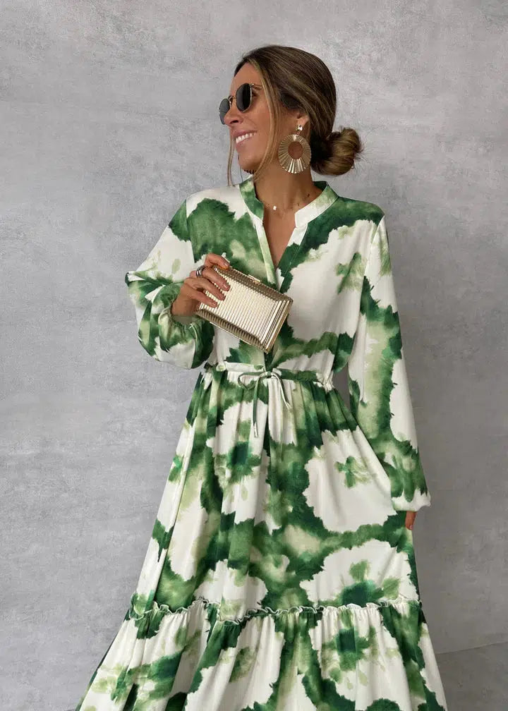 Lana | Groene Maxi-Jurk – Lange Mouwen & V-Hals voor een Frisse Look