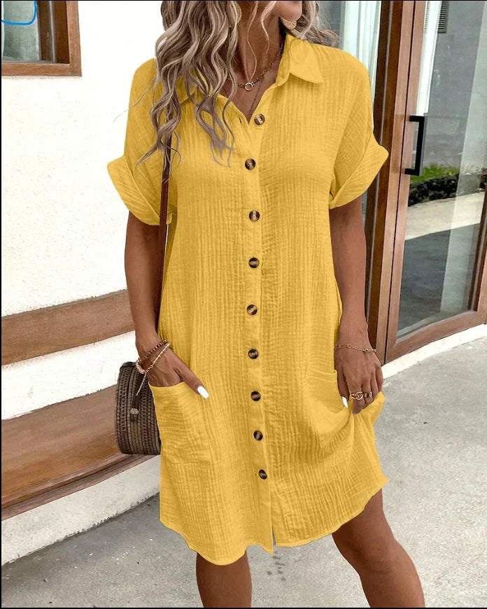 Dames Overhemdjurk – Katoen Linnenmix – Relaxed Fit – Korte Mouw – Knopen Voorkant