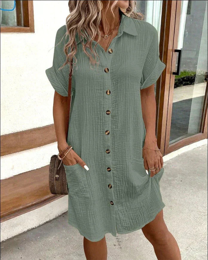 Dames Overhemdjurk – Katoen Linnenmix – Relaxed Fit – Korte Mouw – Knopen Voorkant