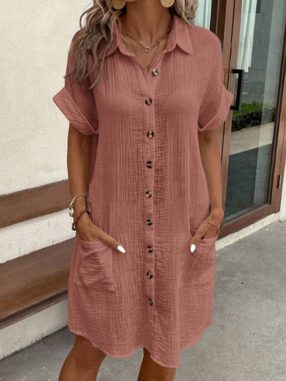 Dames Overhemdjurk – Katoen Linnenmix – Relaxed Fit – Korte Mouw – Knopen Voorkant