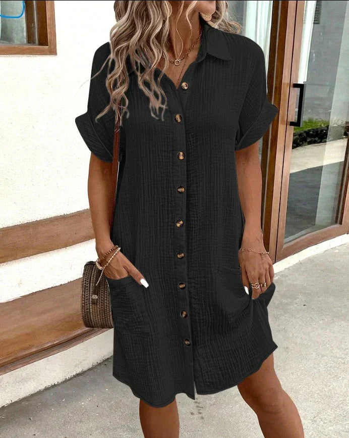 Dames Overhemdjurk – Katoen Linnenmix – Relaxed Fit – Korte Mouw – Knopen Voorkant