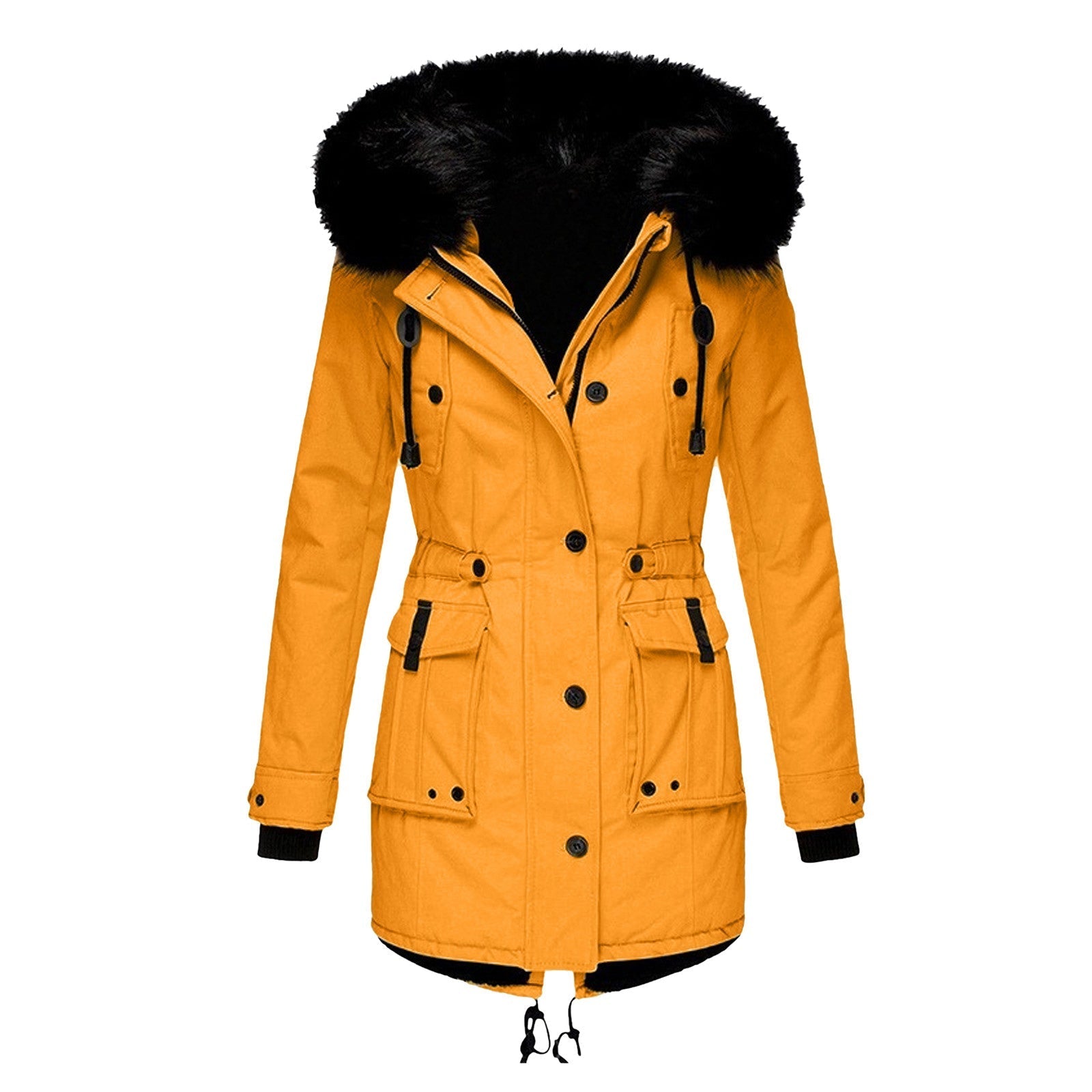Ladies Coat – Tailored Fit – Faux Fur Hood – Drawstring Waist – Mid-length