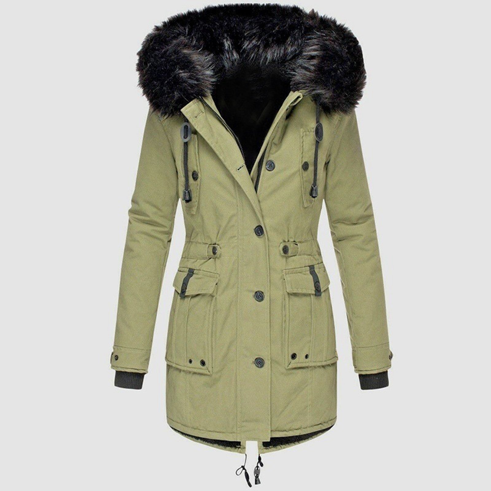 Ladies Coat – Tailored Fit – Faux Fur Hood – Drawstring Waist – Mid-length