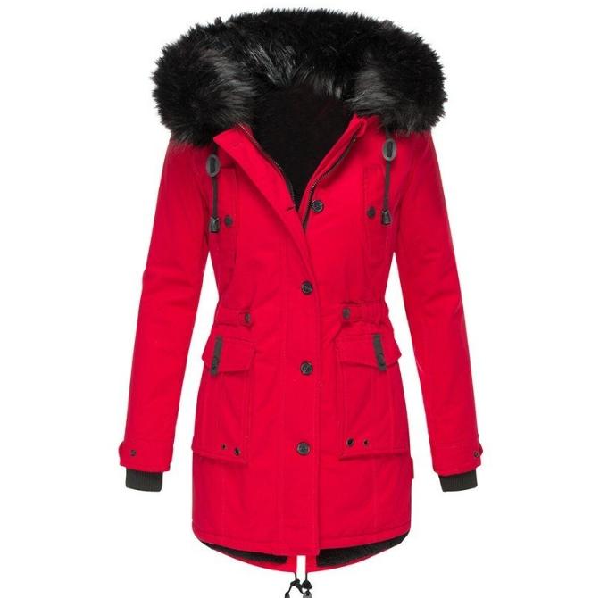 Ladies Coat – Tailored Fit – Faux Fur Hood – Drawstring Waist – Mid-length