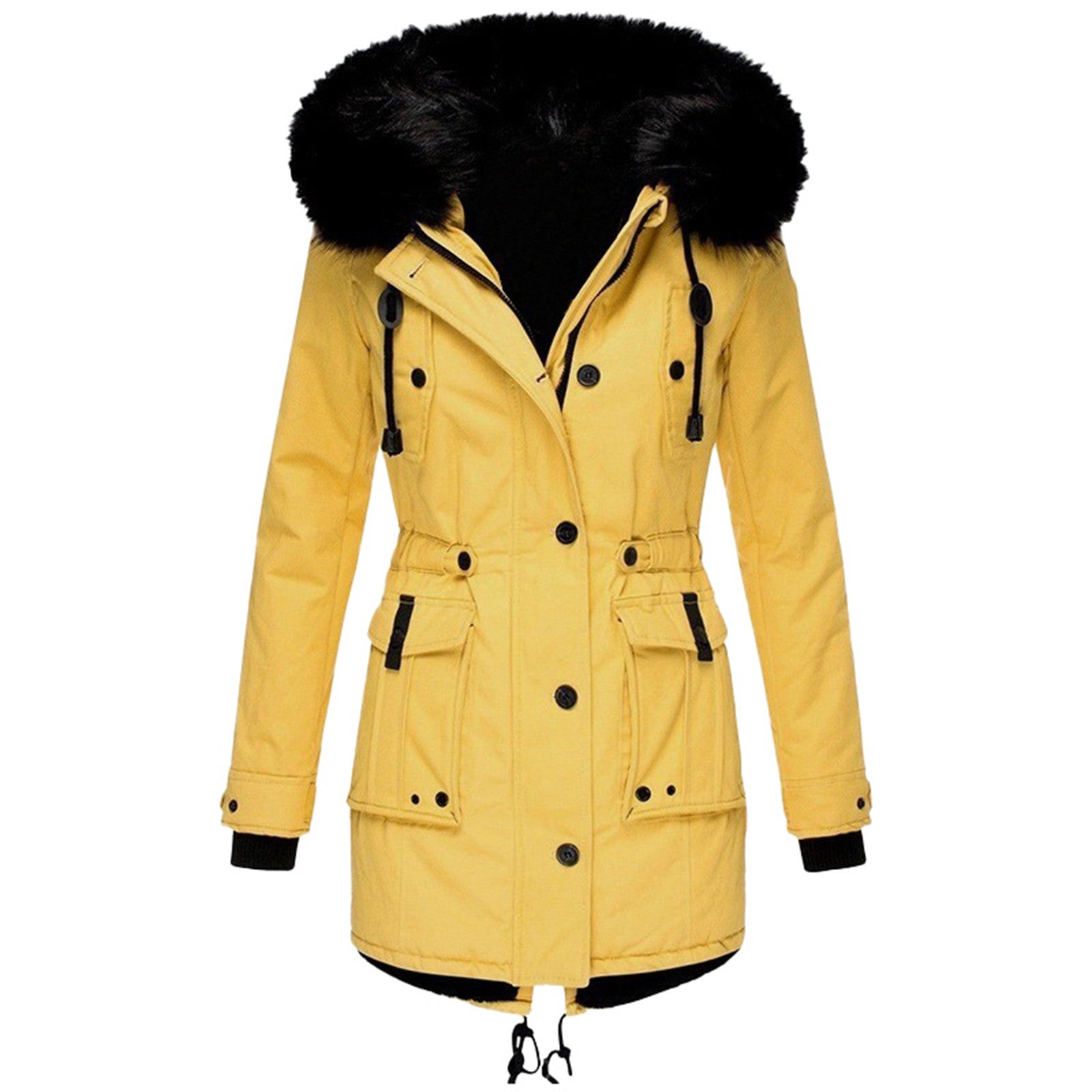 Ladies Coat – Tailored Fit – Faux Fur Hood – Drawstring Waist – Mid-length