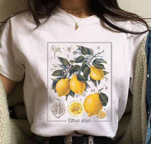 Dames T-shirt – Katoen – Grafische Citroenprint – Ronde Hals – Korte Mouw – Casual Style