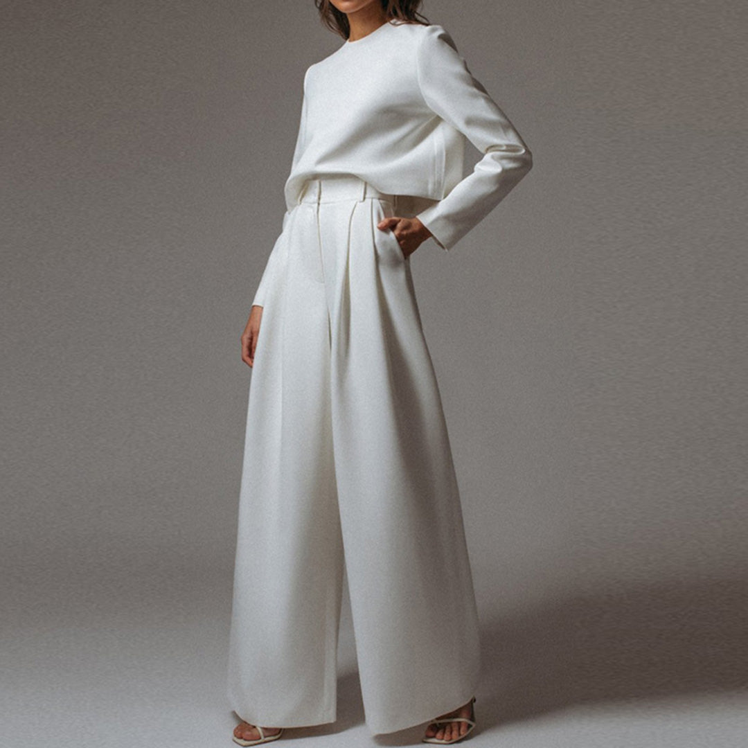 Elegante Cropped Lange Mouw En Wijde Pijpen Broekenset Voor Dames