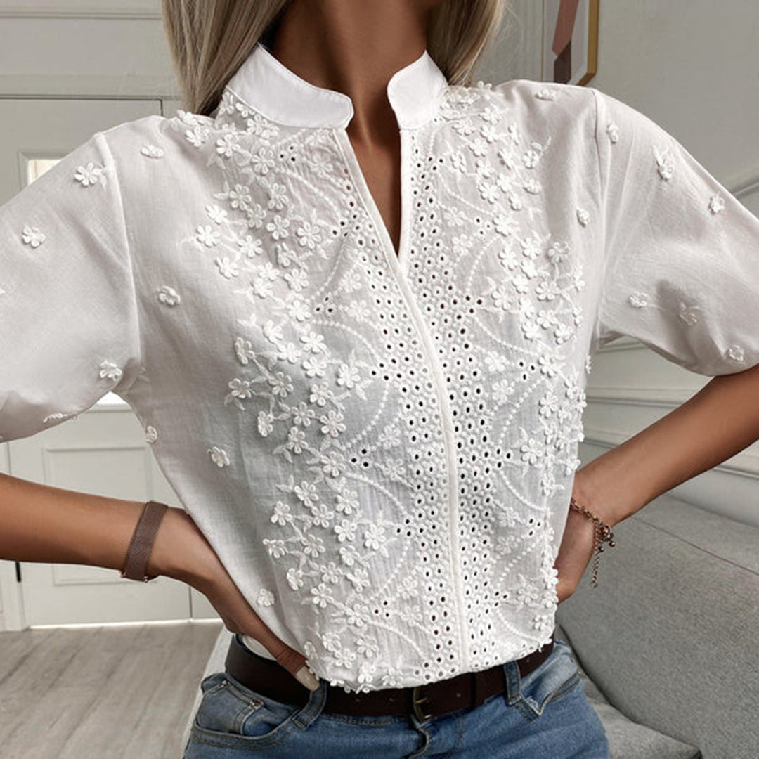 Dames Blouse - Katoen - Geborduurd Met Oogjes - Mandarin Kraag - Halflange Mouwen