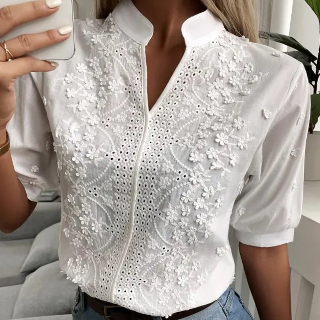 Dames Blouse - Katoen - Geborduurd Met Oogjes - Mandarin Kraag - Halflange Mouwen