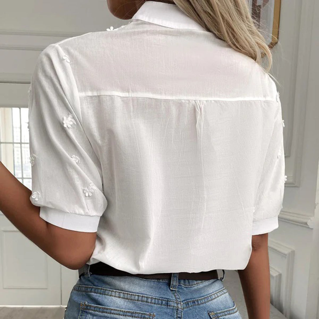 Dames Blouse - Katoen - Geborduurd Met Oogjes - Mandarin Kraag - Halflange Mouwen