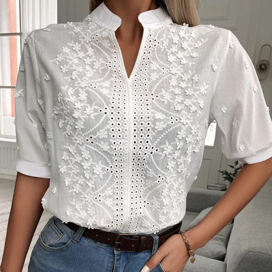 Dames Blouse - Katoen - Geborduurd Met Oogjes - Mandarin Kraag - Halflange Mouwen