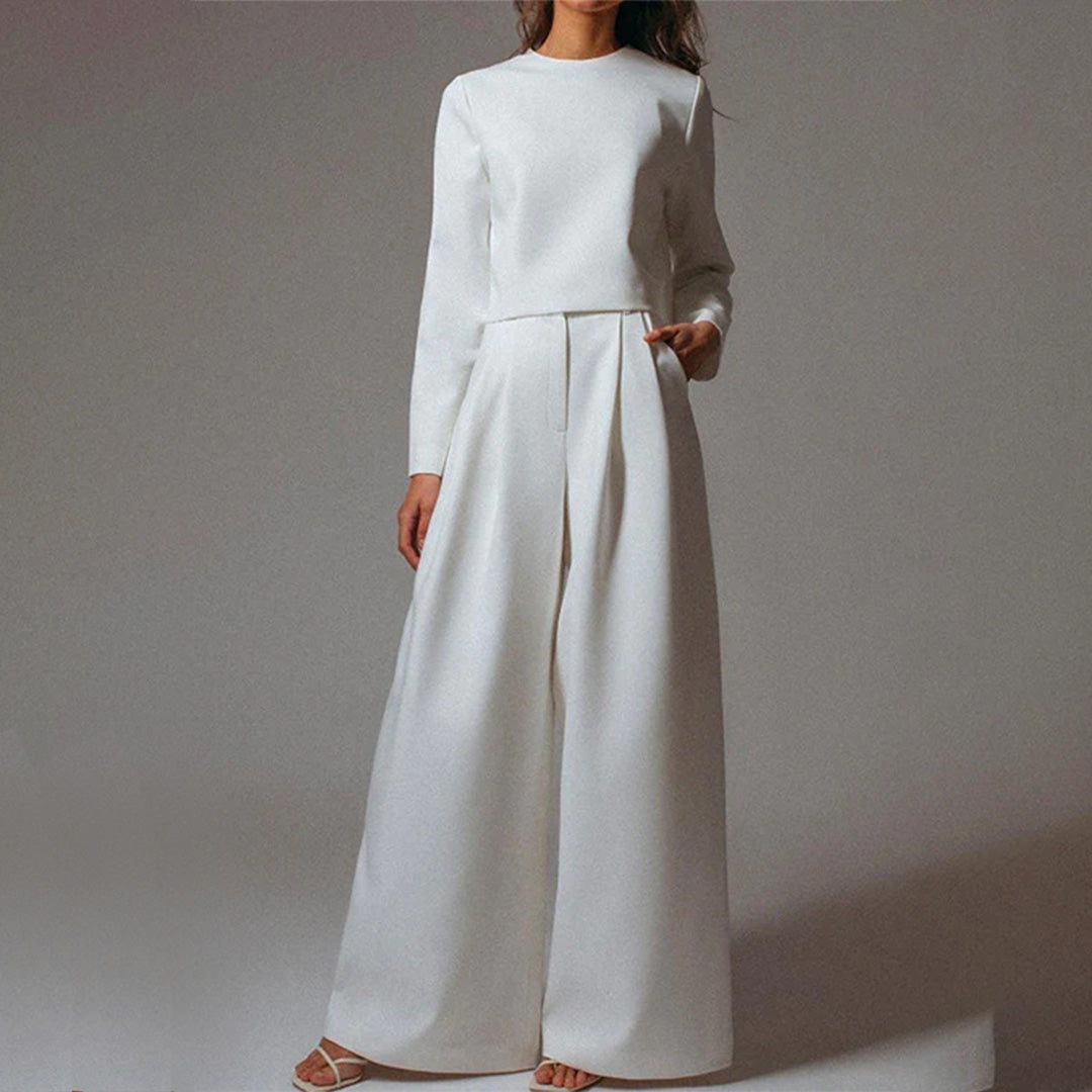 Elegante Cropped Lange Mouw En Wijde Pijpen Broekenset Voor Dames