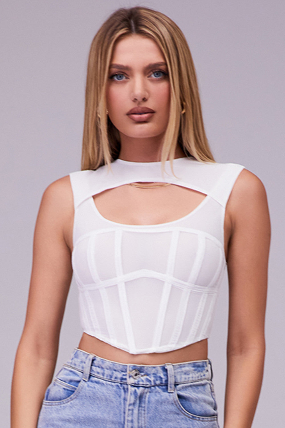 Witte Mesh Cut-Out Korsettop - Trendy Crop Top voor Dames