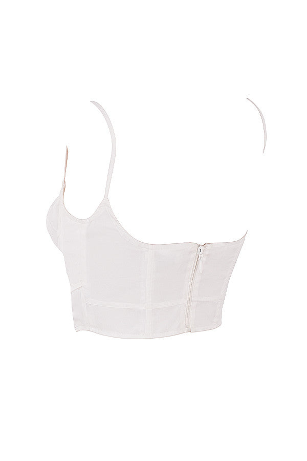 Witte cropped top met strikdetail en geplooid design