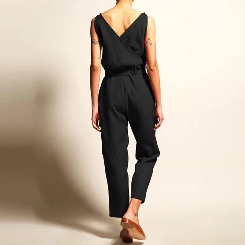 Dames Jumpsuit - Linnen Katoen - Getailleerde Pasvorm - Mouwloos met Overslag V-Hals