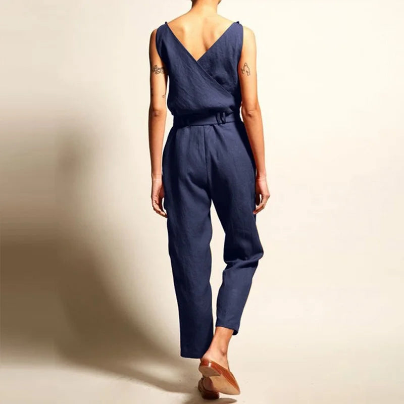 Dames Jumpsuit - Linnen Katoen - Getailleerde Pasvorm - Mouwloos met Overslag V-Hals