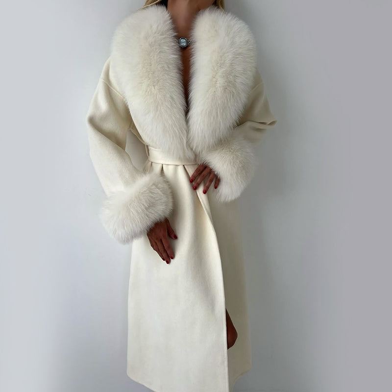 Isla Straight Fit Long Coat | Belted Fur Trim Long Coat